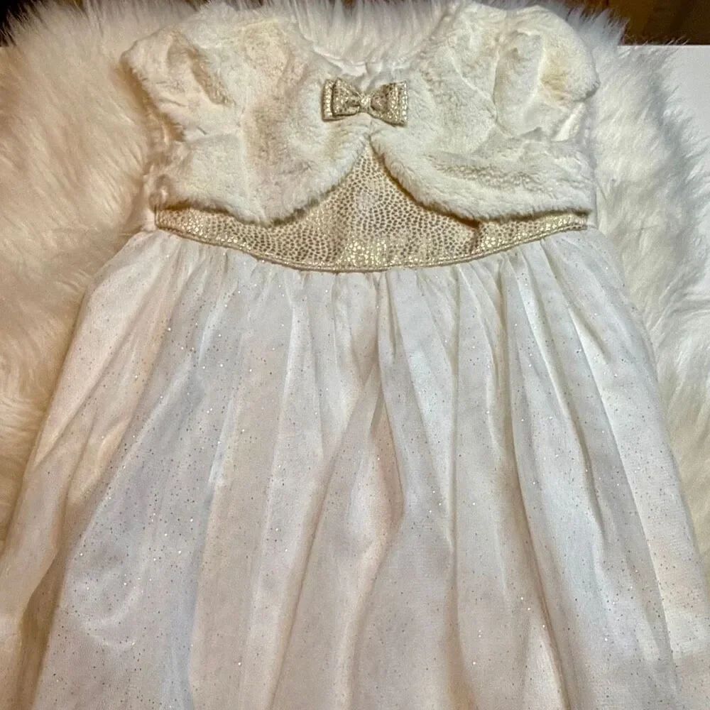 Jona Michelle Cream Gold Sparkle Dress w/ Faux Fur, Bow & Layered Tulle 3T NWOT